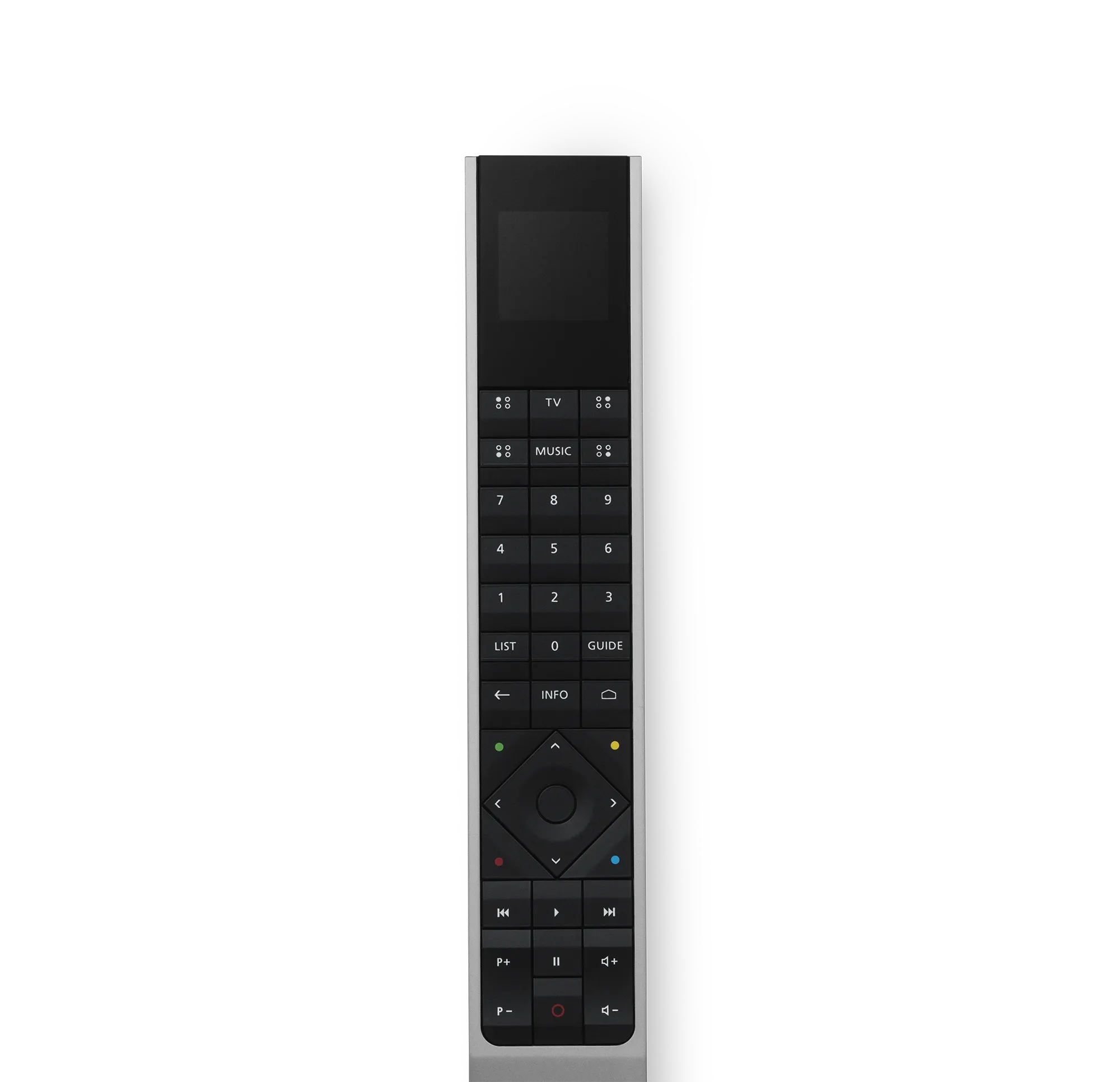Tall universal remote with a numeric keypad, navigation pad, and side silver trim, used to control TV and media devices