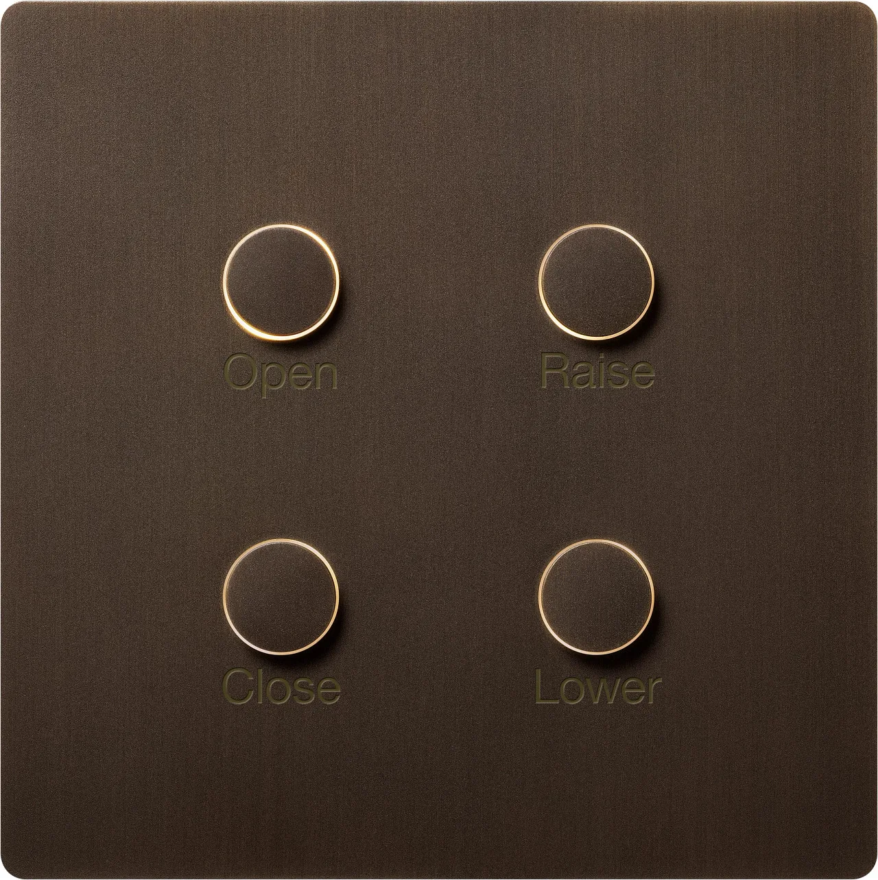 Panel with four round labeled buttons: Open (top-left), Raise (top-right), Close (bottom-left), Lower (bottom-right) on a dark surface