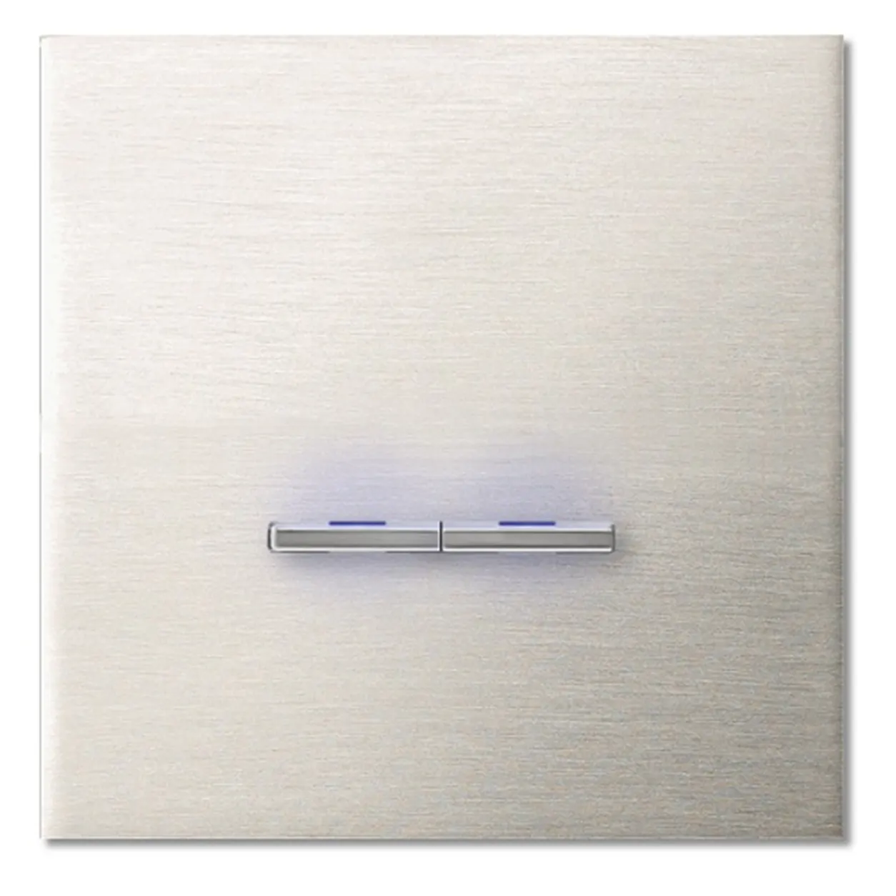 Dual horizontal light switches on a brushed metal plate with blue indicator lights on.