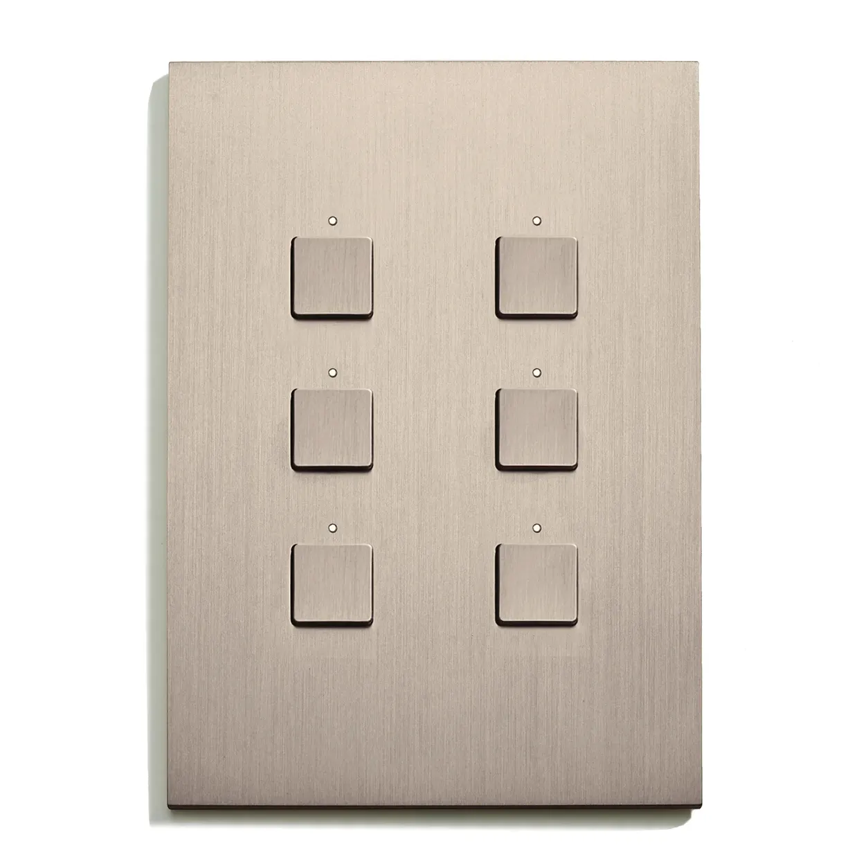 Brushed metal wall plate with six square push buttons in two columns and three rows, each with a small indicator dot above it.