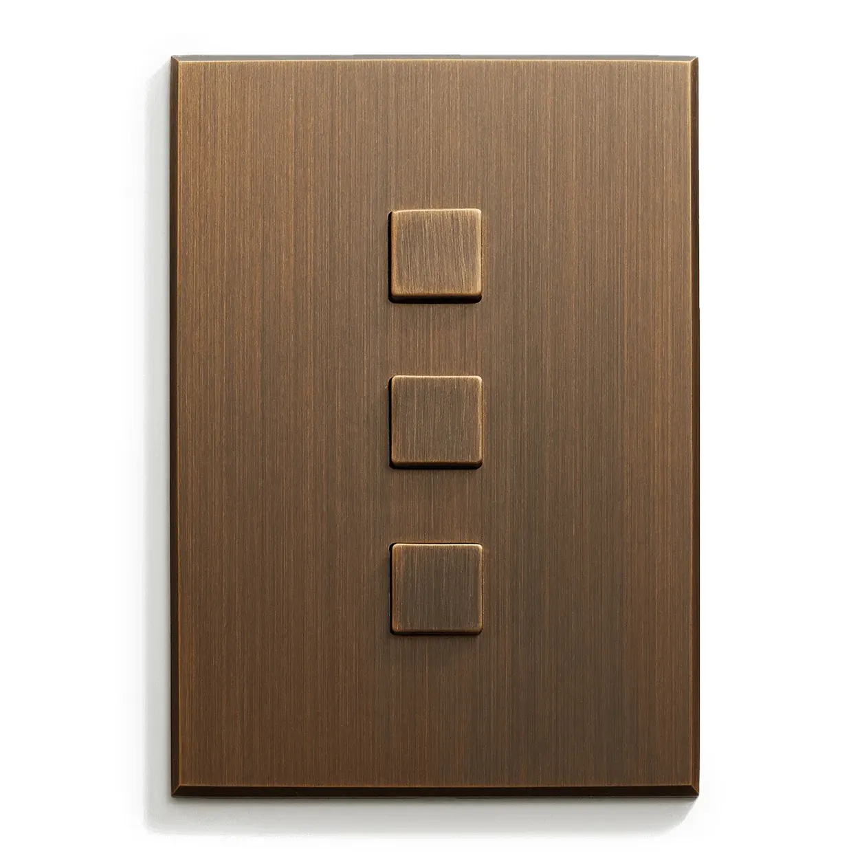 Bronze brushed-metal 4-gang wall light switch with four square push buttons