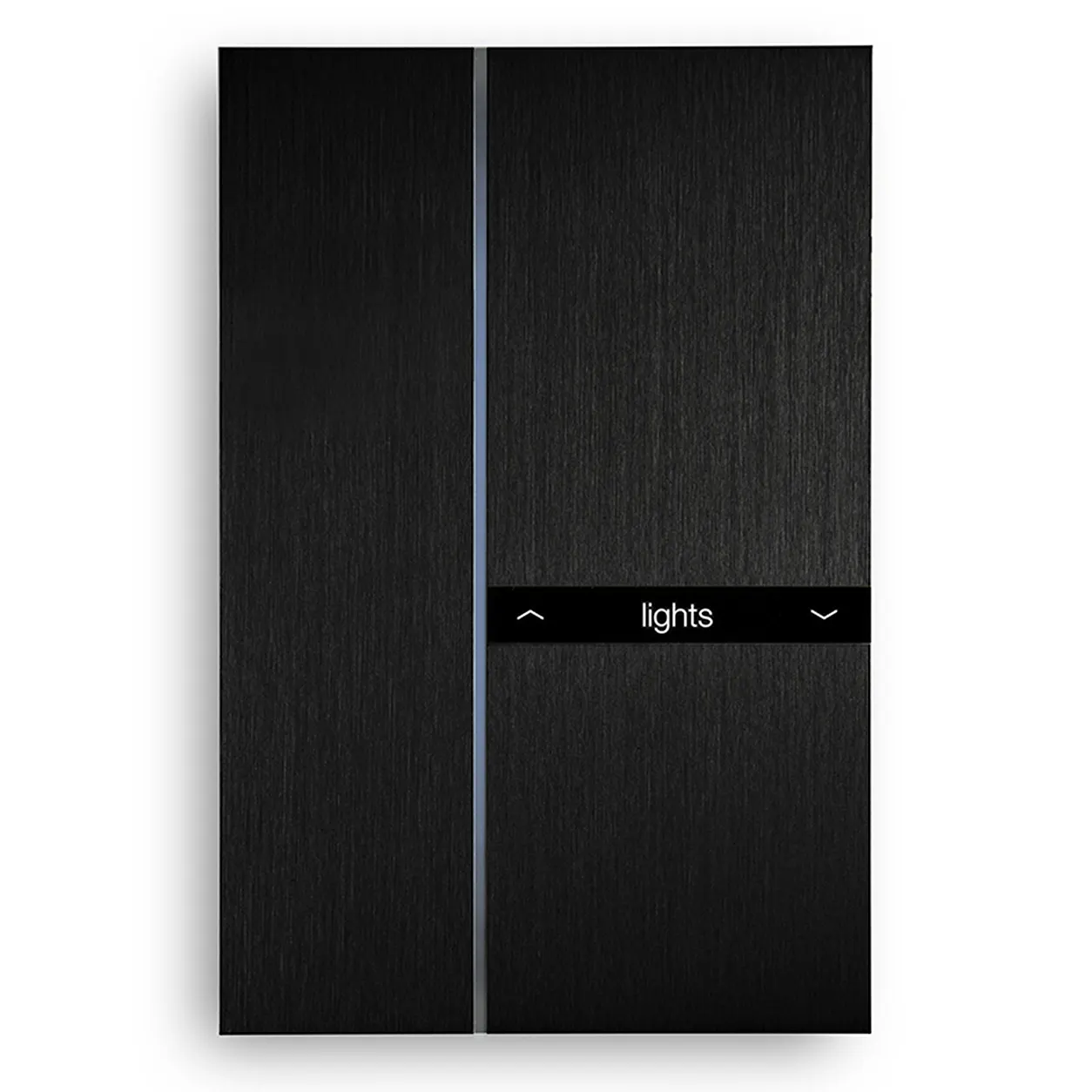 Black side-by-side refrigerator with a vertical front seam and a lights control bar.