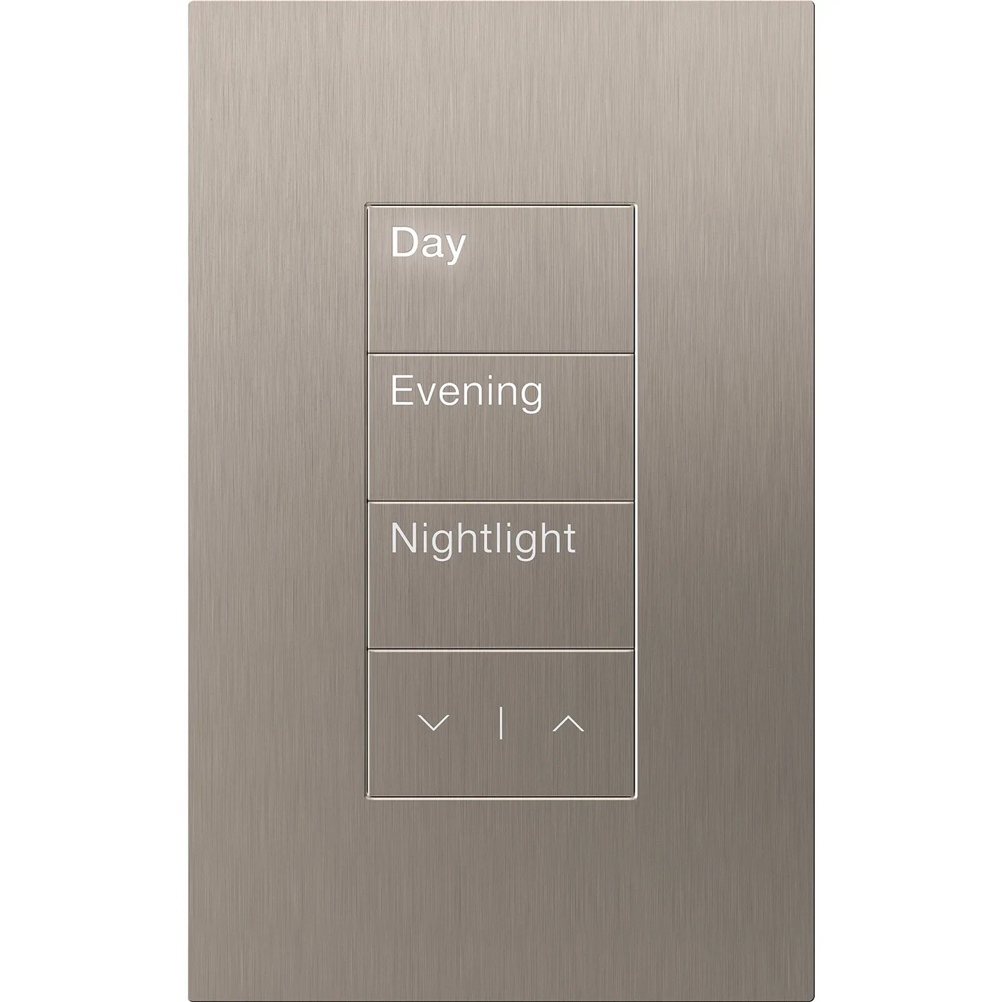 Brushed metal wall plate with four vertical buttons labeled Day, Evening, Nightlight and up/down arrows for dimming control.