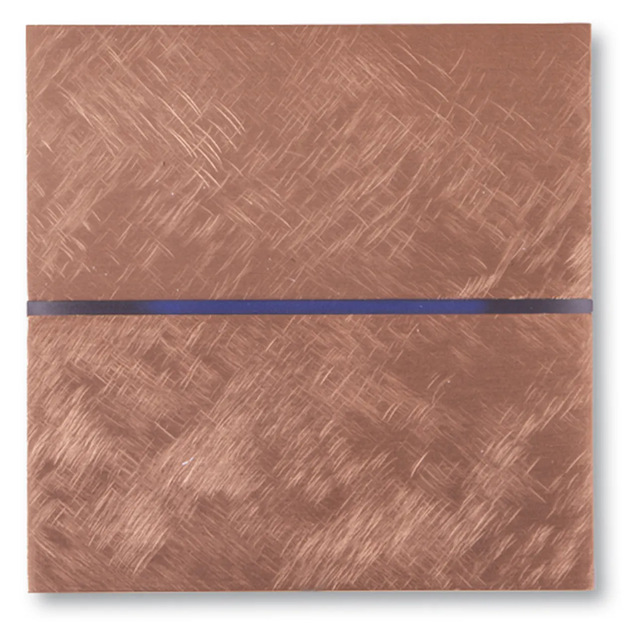 Copper-colored textured notebook or journal with a blue elastic band wrapping around the middle edge of the cover.