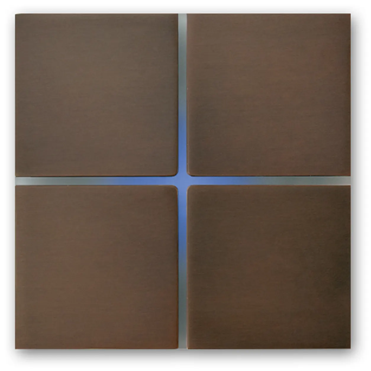 Two-by-two layout of brown square tiles with blue grout lines forming a cross shape at the center edge-to-edge gaps on a light background