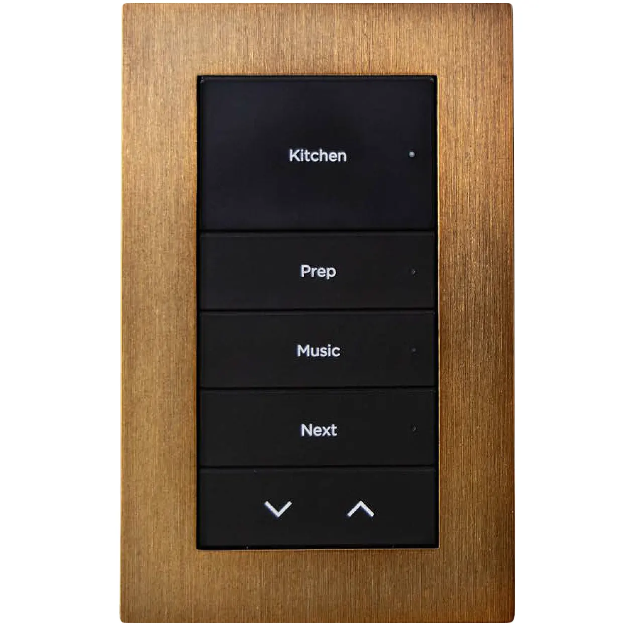 Wooden wall plate housing a vertical row of black buttons labeled Kitchen, Prep, Music, Next, with up/down arrows