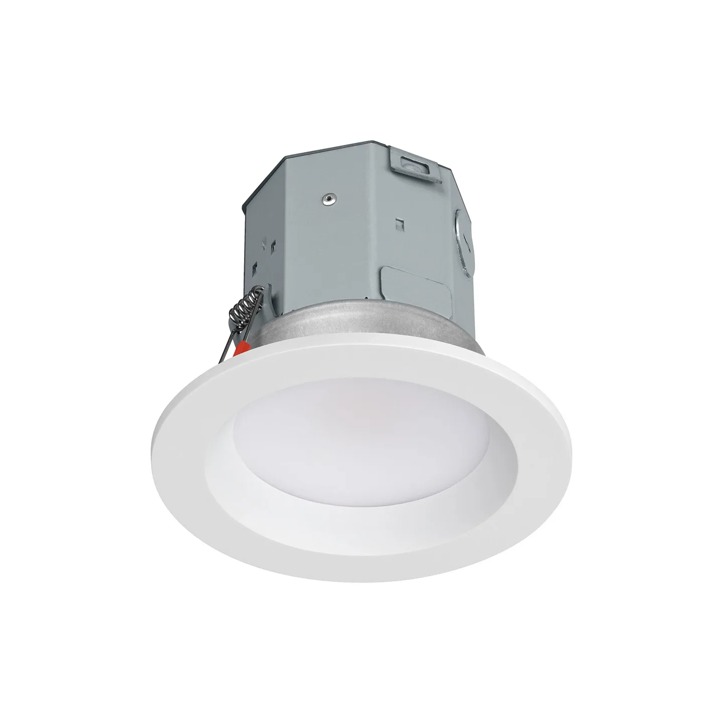 White circular recessed ceiling light fixture with metal housing and spring clips (downlight)