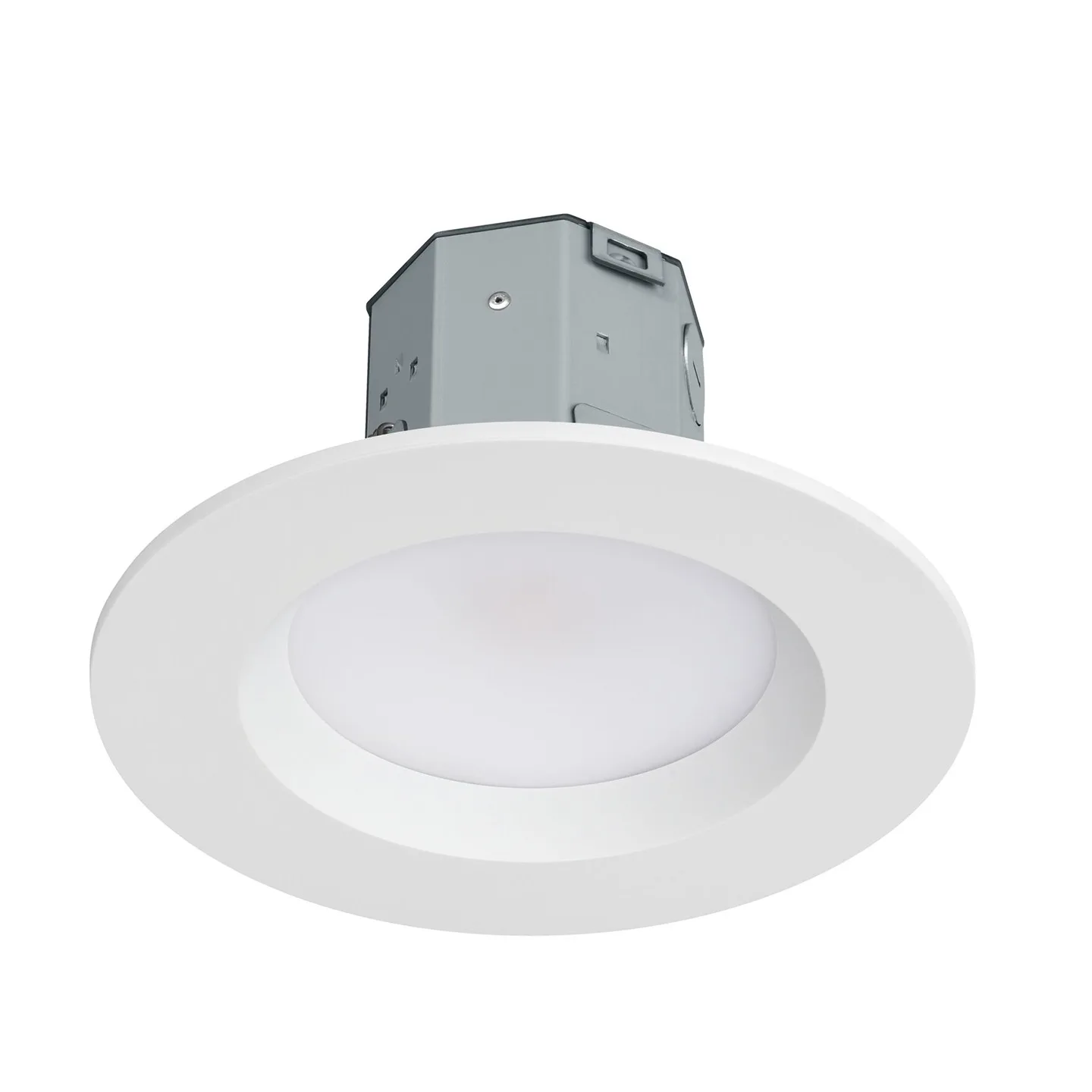 White circular recessed ceiling light with diffused diffuser and trim.