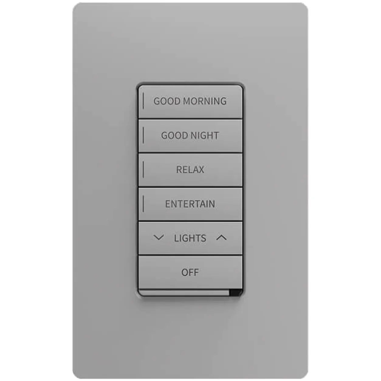 Mood-light remote with stacked buttons labeled GOOD MORNING, GOOD NIGHT, RELAX, ENTERTAIN, LIGHTS (up/down arrows) and OFF.