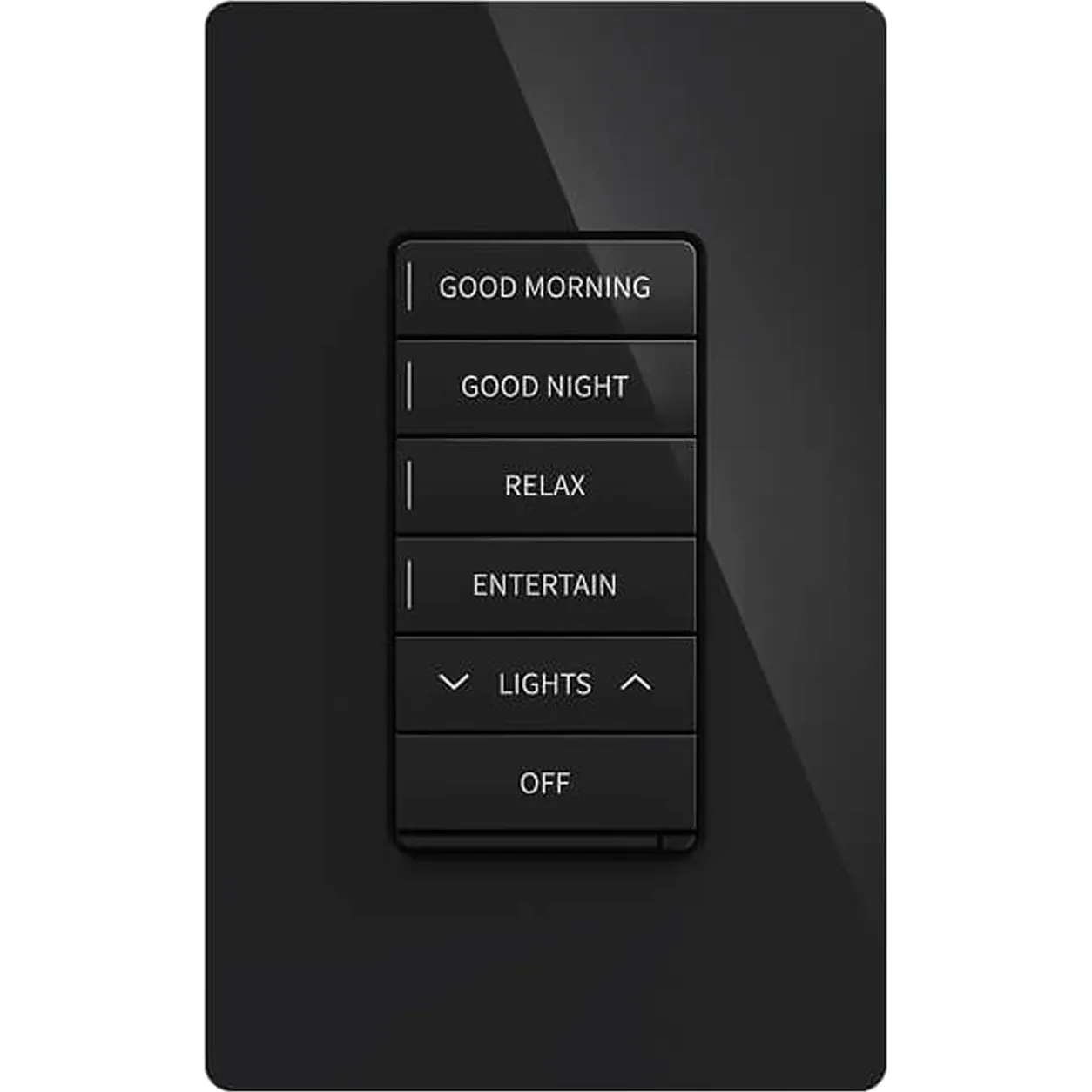 Wall-mounted black mood-light controller with buttons labeled GOOD MORNING, GOOD NIGHT, RELAX, ENTERTAIN, LIGHTS (up/down arrows), and OFF.
