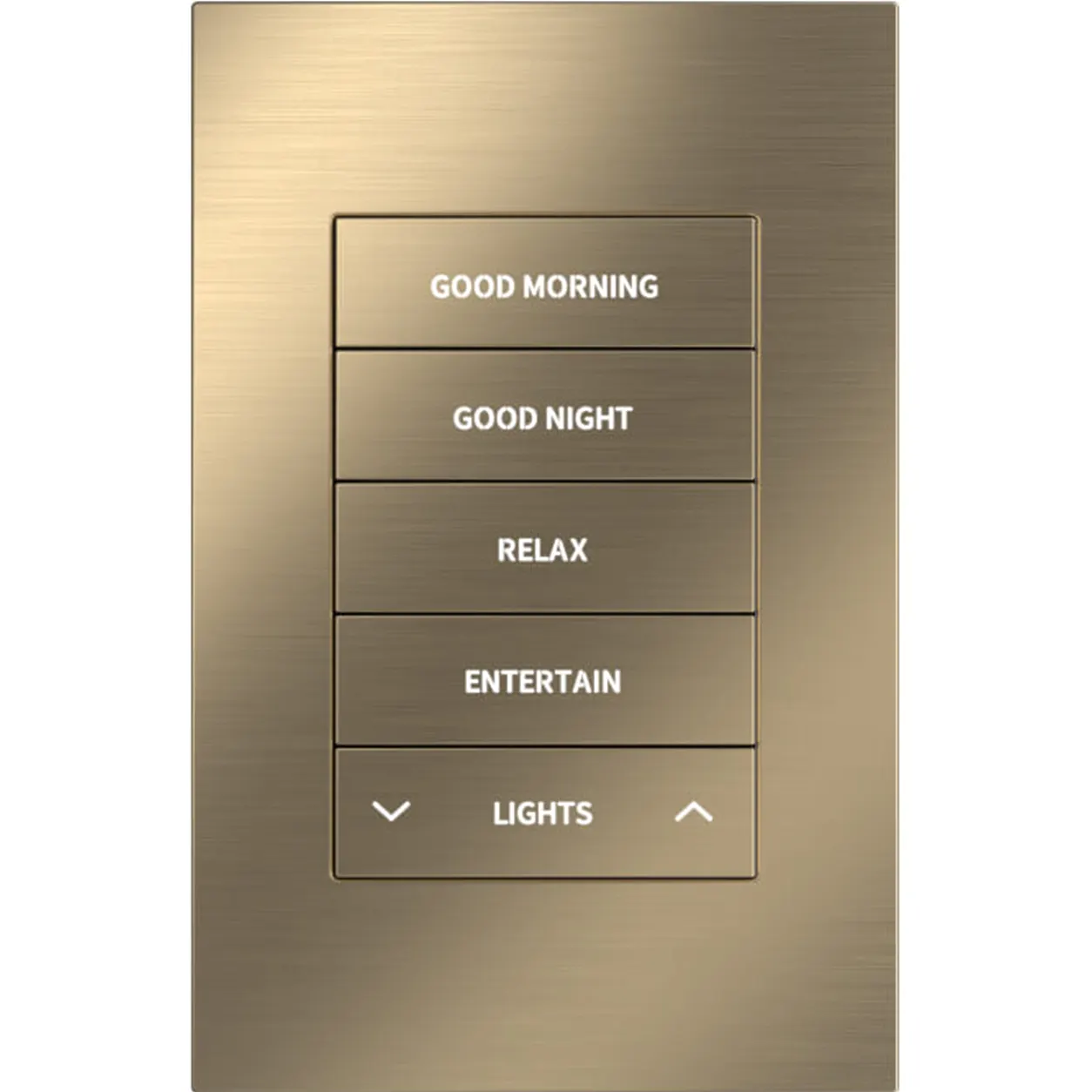 Brushed brass mood-lighting switch plate with four labeled buttons: GOOD MORNING, GOOD NIGHT, RELAX, ENTERTAIN, and a separate LIGHTS row with up/down arrows.