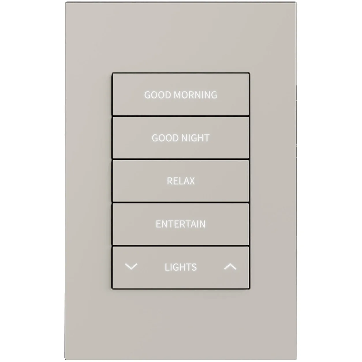 Mood lighting control panel with five buttons labeled GOOD MORNING, GOOD NIGHT, RELAX, ENTERTAIN, and LIGHTS (dimming arrows).