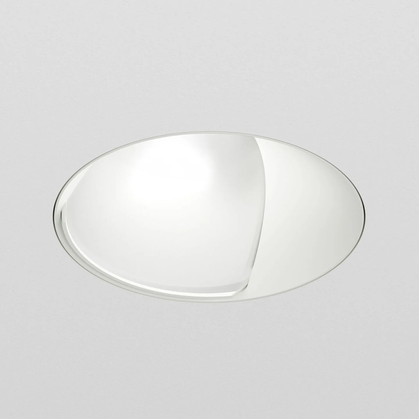 Oval-shaped, metallic ceiling light fixture with a curved, reflective surface against a light gray background.