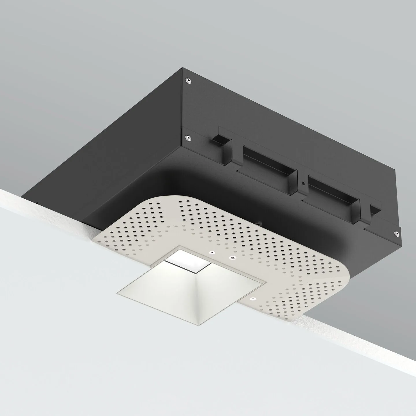 Ceiling-mounted black rectangular fixture with two vent slots and a perforated white light panel beneath it