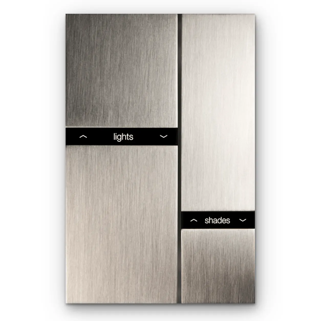 Brushed metal elevator control panel with two black bars labeled 'lights' and 'shades' and up/down arrows on each bar.