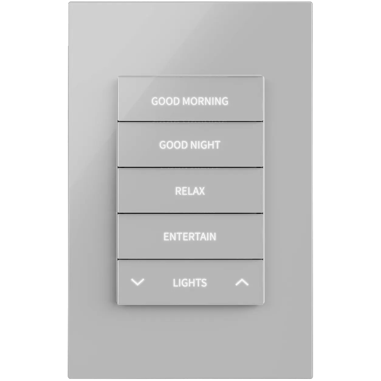 Vertical stack of five labeled buttons: GOOD MORNING, GOOD NIGHT, RELAX, ENTERTAIN, with up/down arrows and LIGHTS at the bottom.