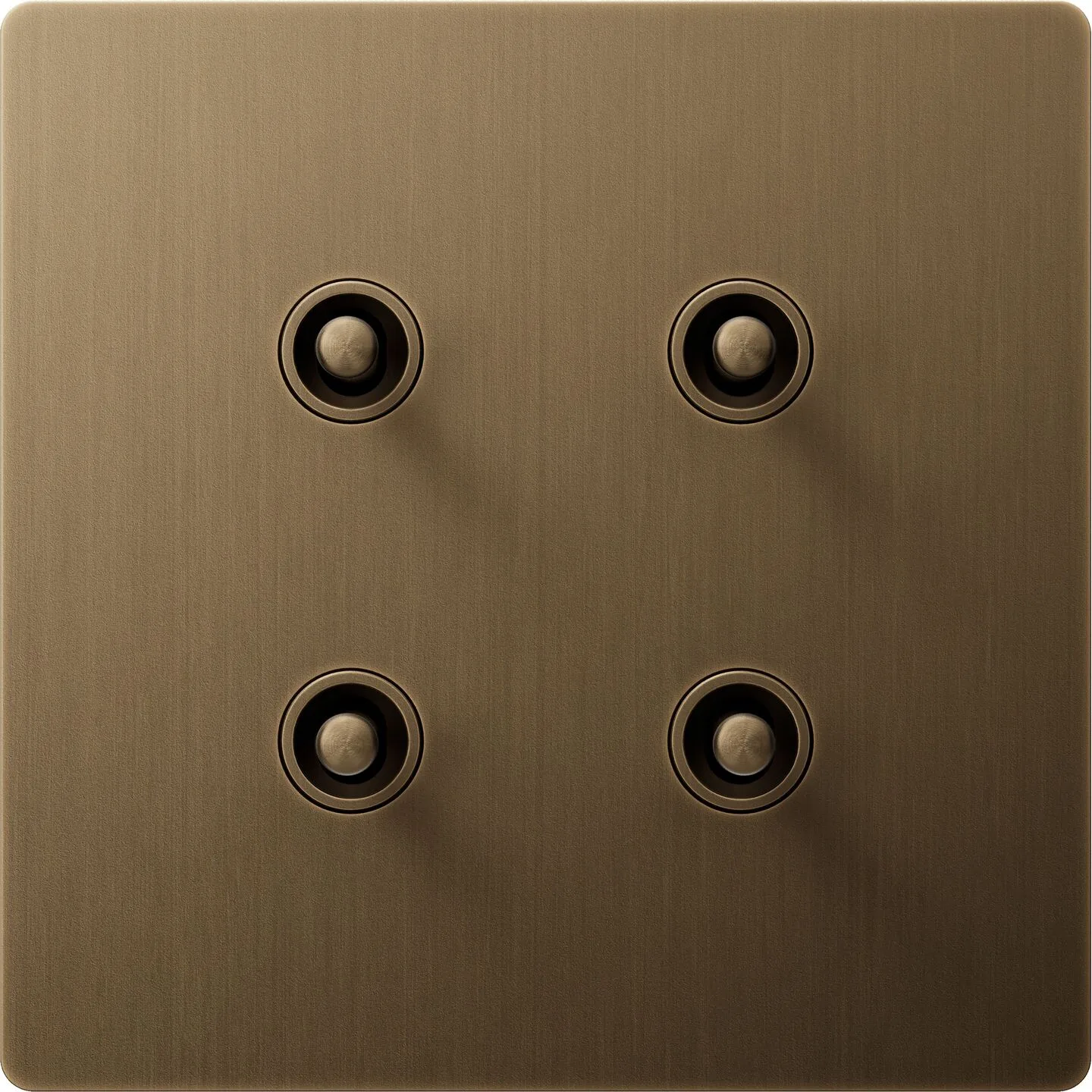 Bronze brushed-metal wall plate with six circular push-buttons arranged in two columns and three rows (lighting switches).