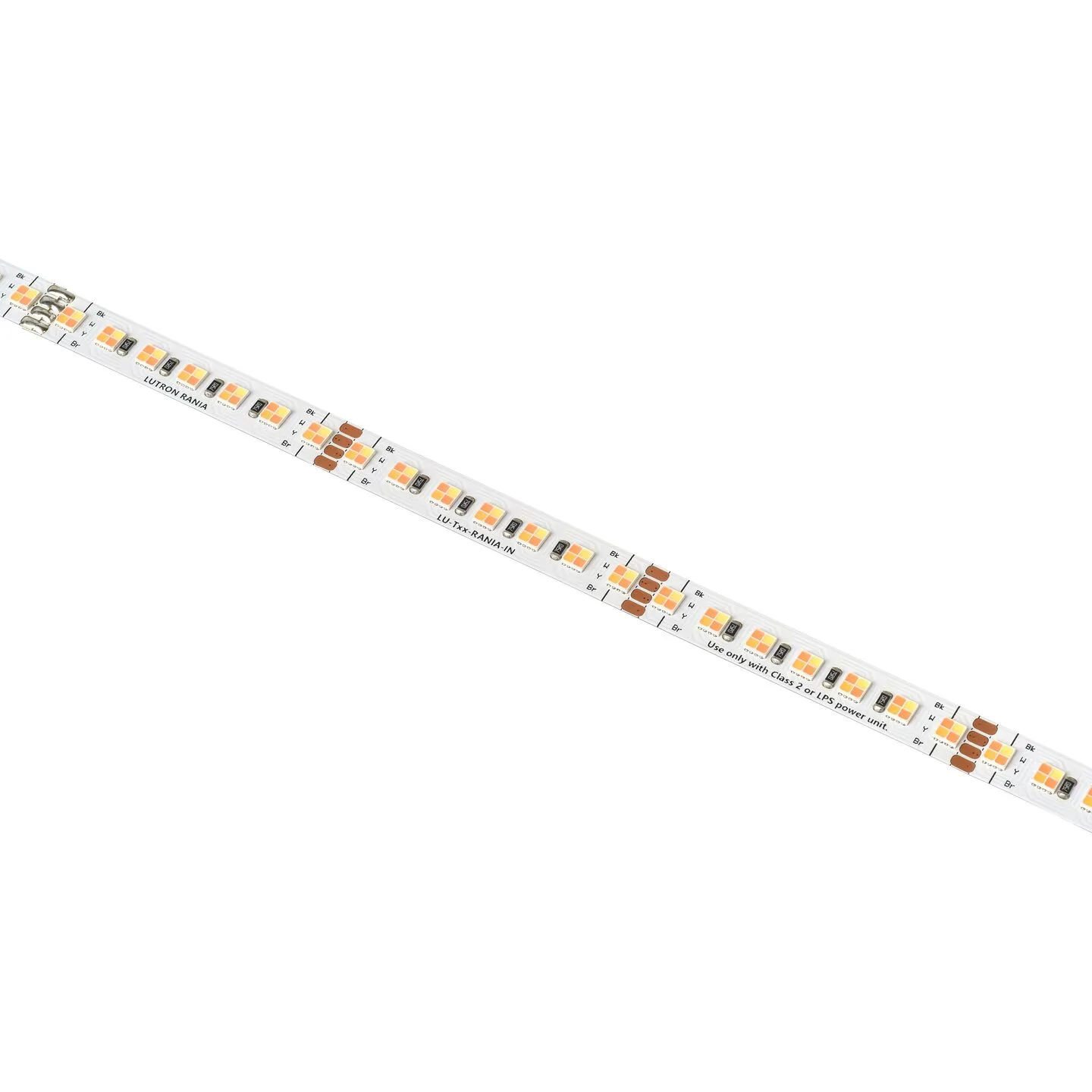 Flexible LED strip with multiple small yellow LEDs and resistors on white tape, diagonal across the image (decorative/accent lighting).