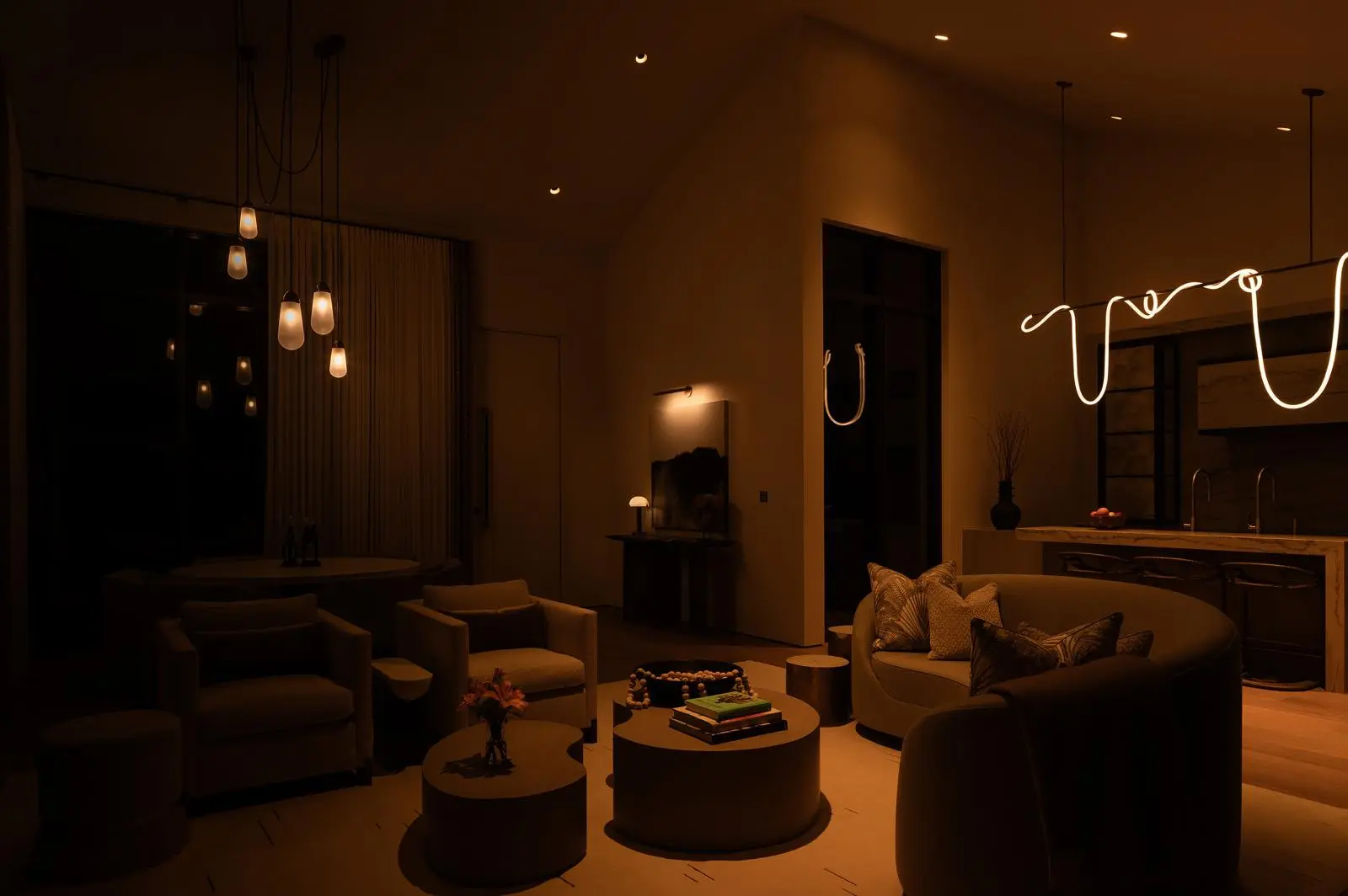 Dim, modern living room at night with warm amber lighting, round coffee tables, and a wavy neon light above the kitchen island.