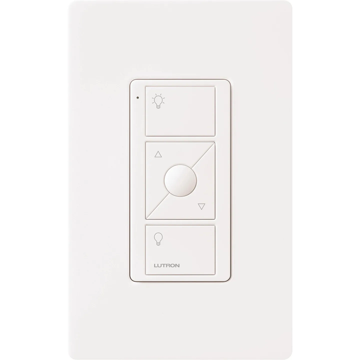 White wall-mounted Lutron lighting control panel with three buttons: top button shows a light bulb icon, middle square panel with a circular knob and diagonal divider with arrows, bottom button displays a lamp icon and has the Lutron logo.