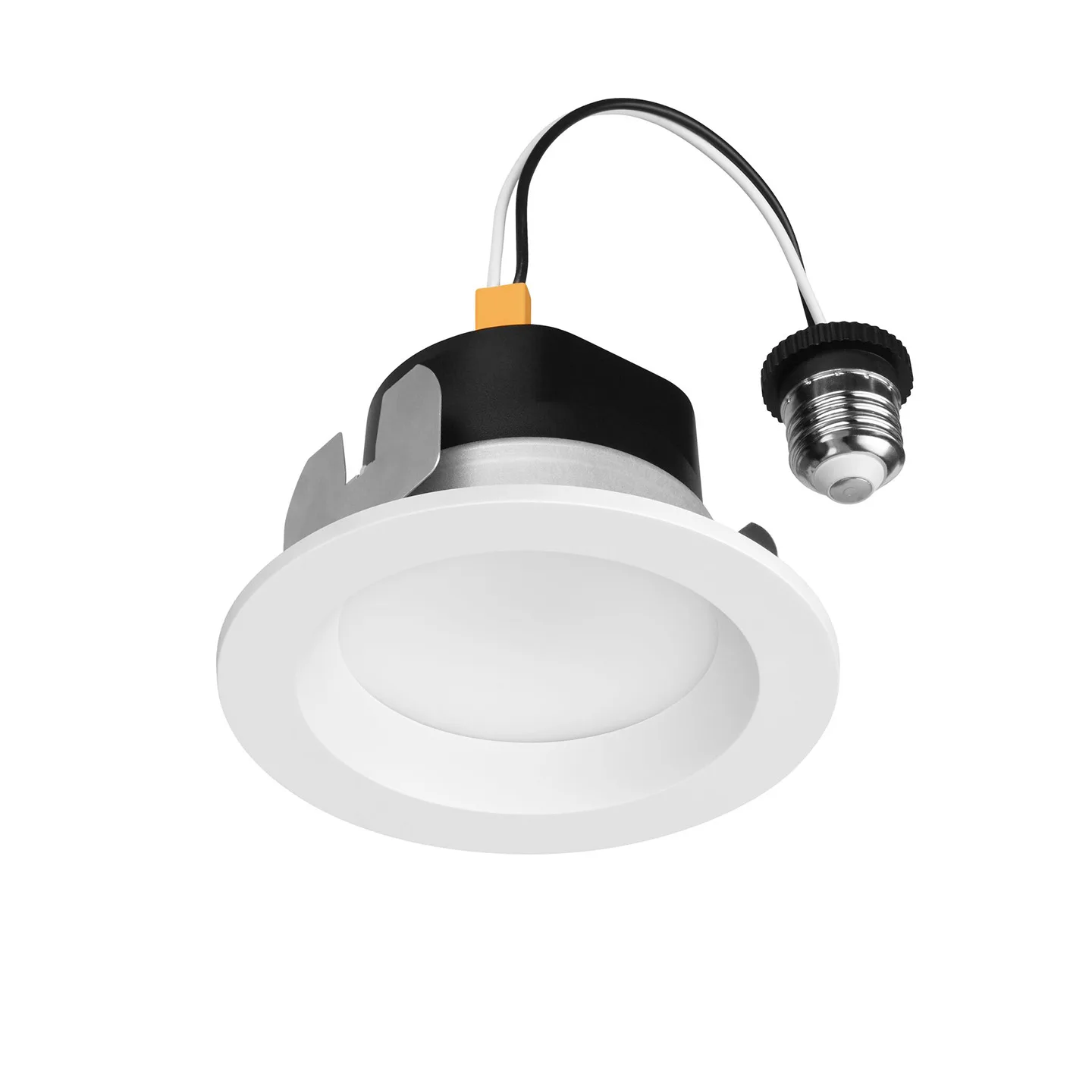 White round recessed ceiling light with black housing and exposed wiring connector