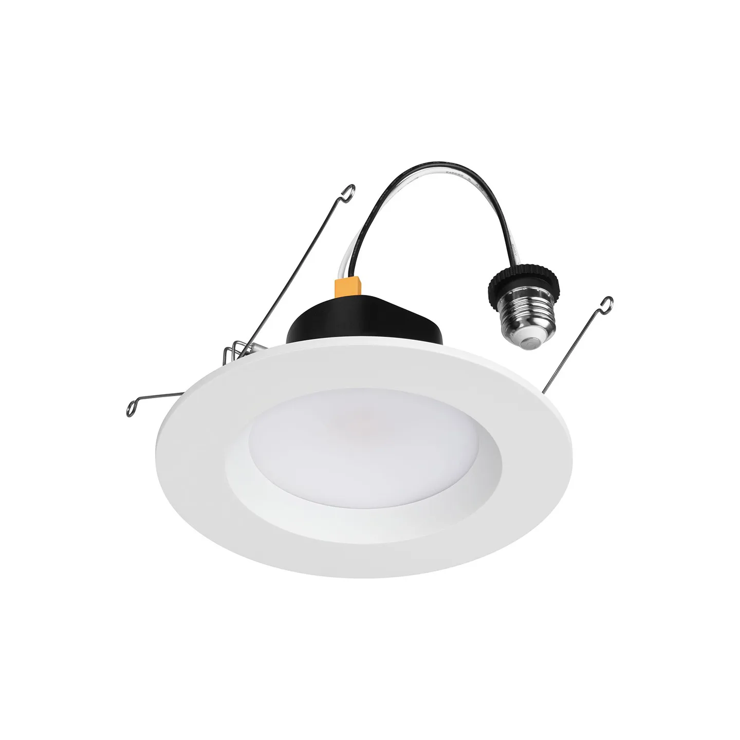 White circular recessed ceiling light with diffused LED cover and wiring housing above the ceiling.