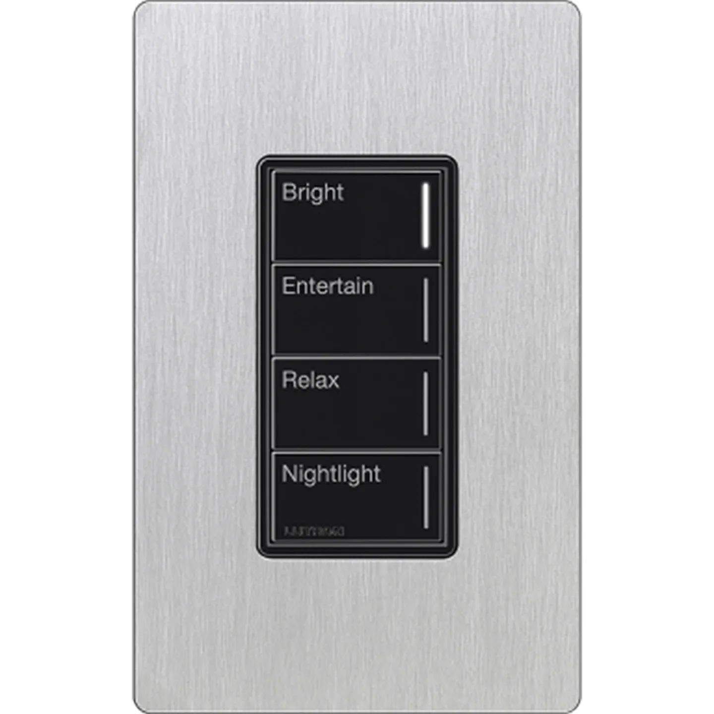 Vertical four-button lighting control switch labeled Bright, Entertain, Relax, Nightlight on a brushed metal plate