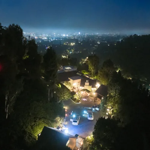 Nighttime city lights seen from a hillside with trees in the foreground and a winding residential street below.