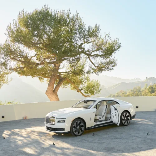 White luxury sedan with open passenger doors parked on a stone driveway, a large tree and hills in the background.