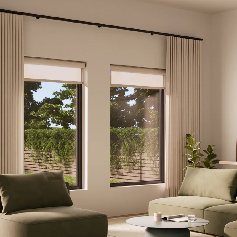 Palladiom motorized drapery in a living room