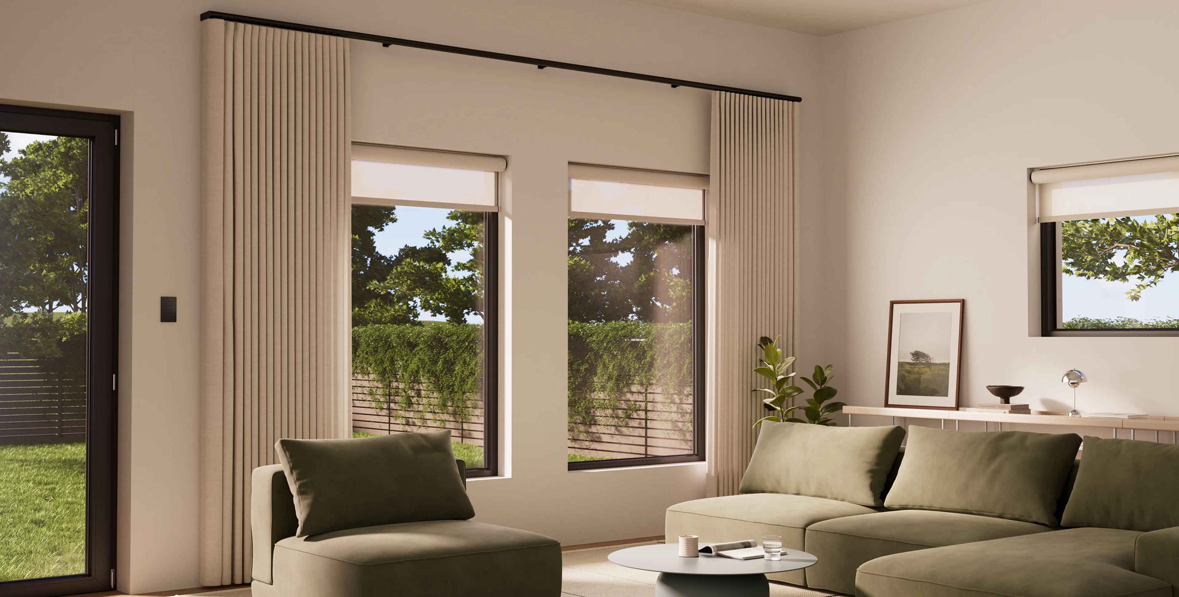 Palladiom motorized drapery in a living room