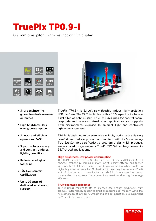 First page of the original Barco TruePix TP0.9-I specification sheet.