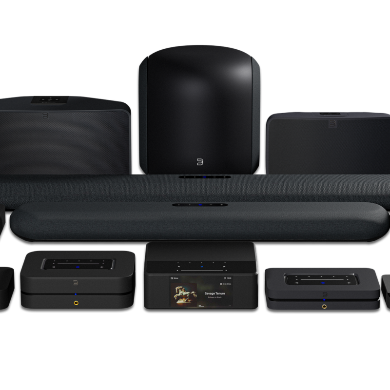 Bluesound wireless speakers, soundbars, subwoofer and streaming components in black finishes