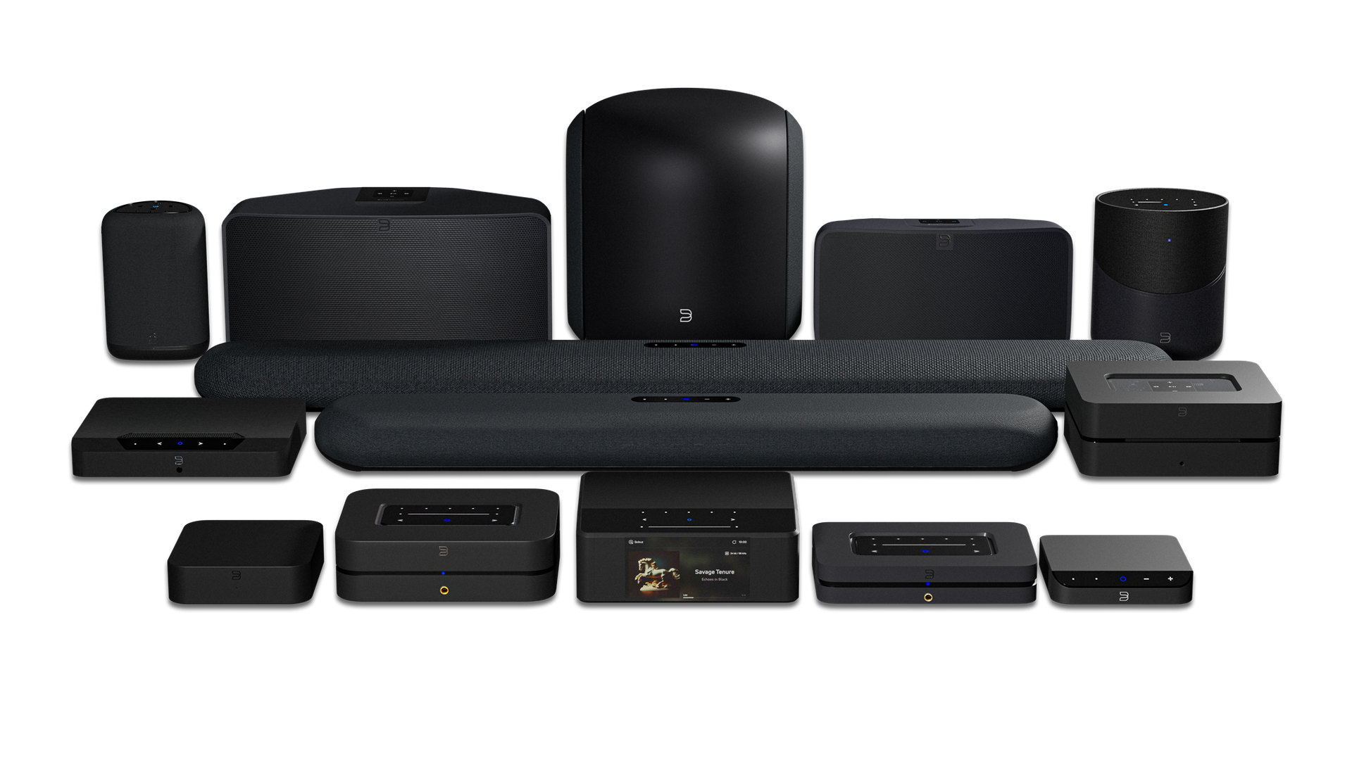 Bluesound wireless speakers, soundbars, subwoofer and streaming components in black finishes