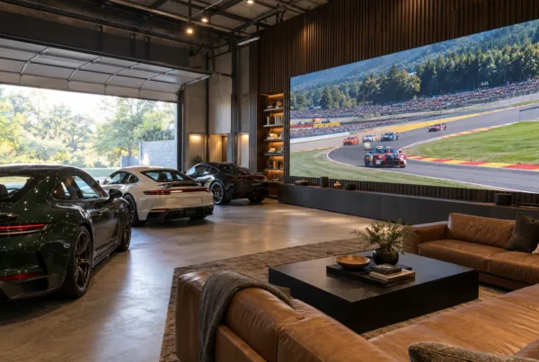 Concept of a tall collector garage with three sports cars, leather sofas and an edge-to-edge LED image integrated into a timber feature wall.