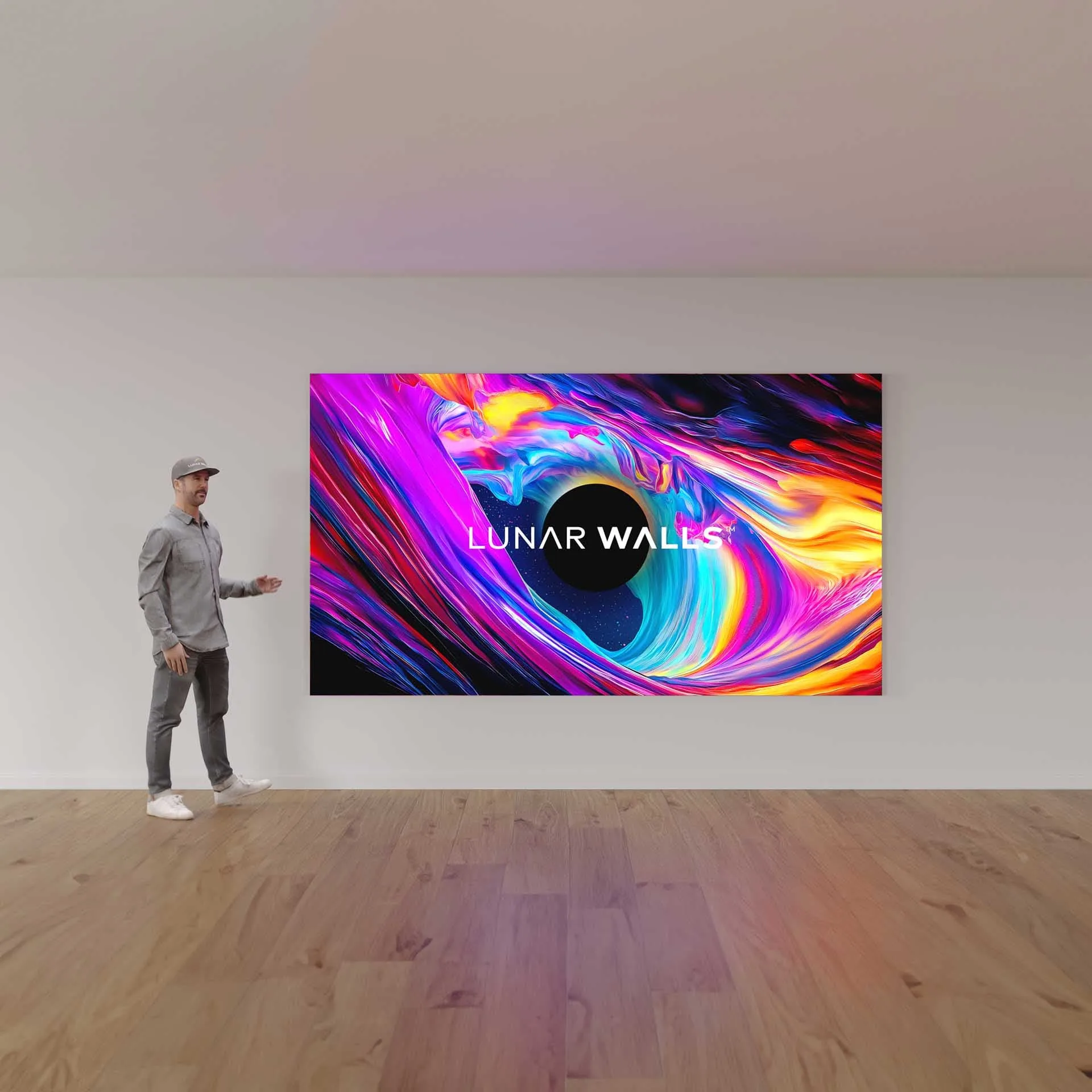 Manufacturer visualization of a 136-inch Lunar Phase MicroLED video wall, with a person beside it for scale